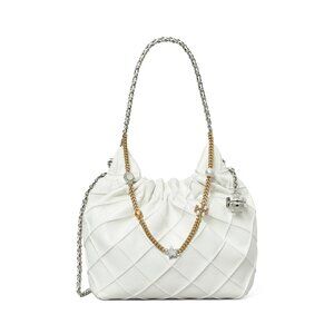 B-417. Tory Burch Mini Fleming Distressed Leather Hobo Bag Blanc